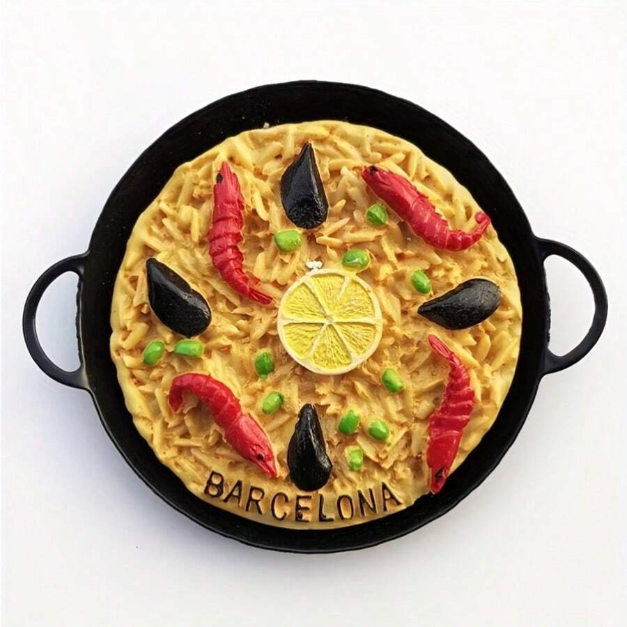 Barcelona, Hiszpania Pamiątkowy magnes na lodówkę z żelaznym garnkiem 3D z owocami morza i paellą, kreatywne rzemiosło podróżnicze