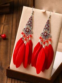 一对奢华AB彩钻波西米亚风长耳环，休闲百搭，可作礼物或派对配饰 - 天然羽毛 - 查看 2