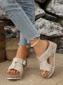 2025 Summer New Platform Wedge Sandals, Bohemian High Heel Slides, Fashion Casual Women Shoes, Versatile Outdoor Beach Sandals, Thick Sole Women Shoes - Beige - View 2