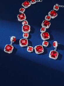 1set Silver Square Necklace Earrings Set, Wedding Jewelry With Red Crystal For Bride