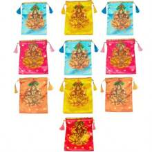 Pack Of 10 Varalaxmi Design Potli Bags Women's Silk Drawstring Closure Gift Pouches For Return Gifting Potli Bags For Thamboolam Fabric Potli Batwa Bag MultiColor-0029 - 如圖 - 查看 1