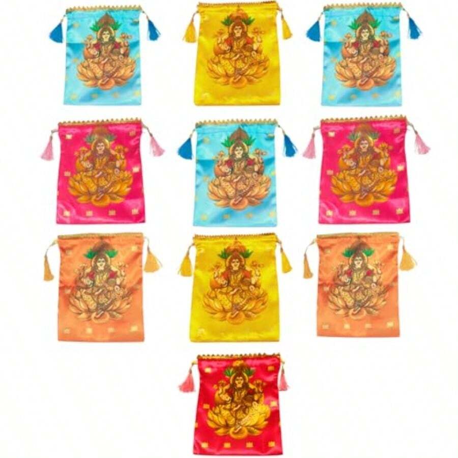 Pack Of 10 Varalaxmi Design Potli Bags Women's Silk Drawstring Closure Gift Pouches For Return Gifting Potli Bags For Thamboolam Fabric Potli Batwa Bag MultiColor-0029 - 如圖 - 查看 1