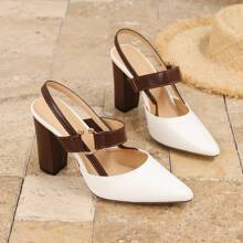 Elegant Women's Stiletto High Heels - Fashion Pointed Toe Dress Shoes With Ankle Strap, Suitable For Wedding & Party, Color Block Patchwork, Elegant PU Leather With Buckle, Party