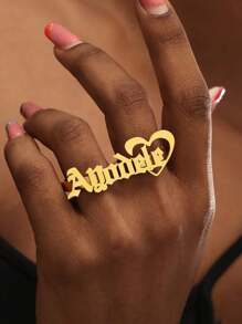 Anillo ajustable de doble dedo con corona con letra del nombre en forma de corazón, de acero inoxidable, joyería personalizada como regalo para ella, aniversario, Día de la Madre, Joyería y relojes, Selecciones de temporada, Elegancia utilitaria, Romance delicado, Luce glamoroso