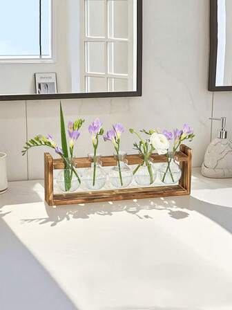 1pc Creative Wooden Frame Hydroponic Flower Vase, Terrarium For Greenery, Home/Office Desktop Decor