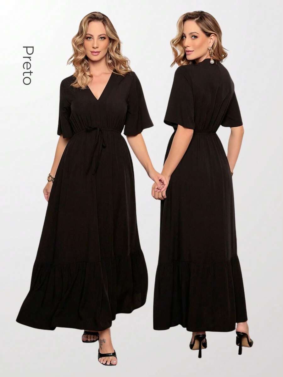 Women's Long Plain Dress With Elastic Waist - màu đen - Xem 1