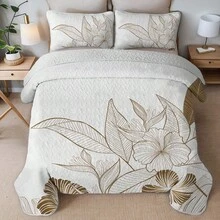 2/3 Pcs Golden Tropical Plant Print Quilt Set(1 Quilt + 1/ 2 Pillowcases), 100% Polyester Soft And Easy To Clean Bedspread Set, Summer Bedding Set, Lightweight And Breathable, Non-Slip And Machine Washable, Elegant And Stylish Room Decor - 時尚樹葉 - 查看 5