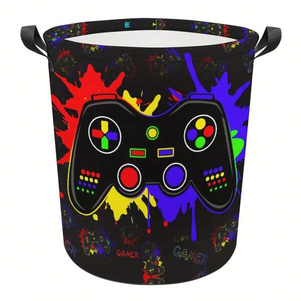 Cesto de la ropa plegable con estampado de videojuegos brillante, cesto de la ropa sucio para el hogar, almacenamiento de juguetes, estilo graffiti, redondo, grande, 16"An x 20"Al