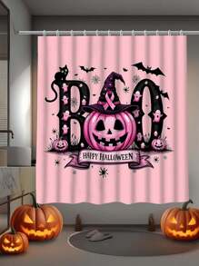 1/4-Stück Halloween einfaches rosafarbenes Kürbis Segen Duschvorhang-Set, rosa Kürbis Halloween Design, 100% Polyester Stoff Vorhang, wasserresistent & leicht zu reinigen, elegantes Einweihungsgeschenk, moderne Heimdekoration, inklusive Duschvorhang, Teppich und 12 Haken, perfekte Halloween Badezimmerdekoration