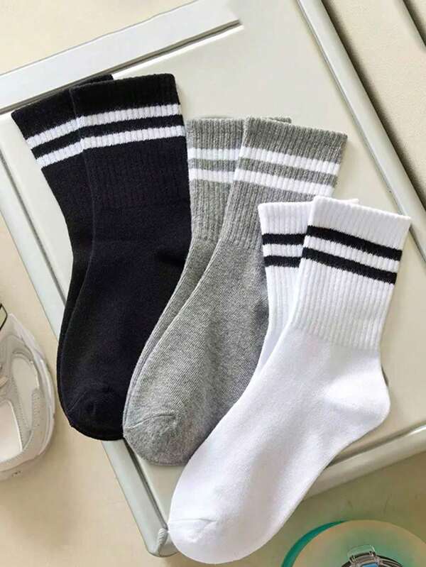 3 Pairs Of Black/White/Gray Solid Color Double Striped Neutral Mid Calf Socks For Outdoor Activities, Casual Socks For Calves, Neutral High Socks