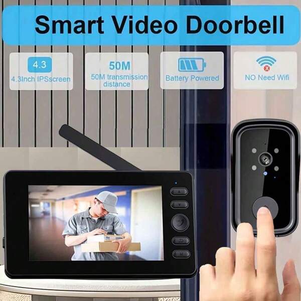 1pc Smart Video Doorbell With 4.3-Inch Screen, Two-Way Speaking, Infrared Night Vision, 4000mAhtery Life, USB Rechargeable, Perfect Gift For Homeowners & Renters