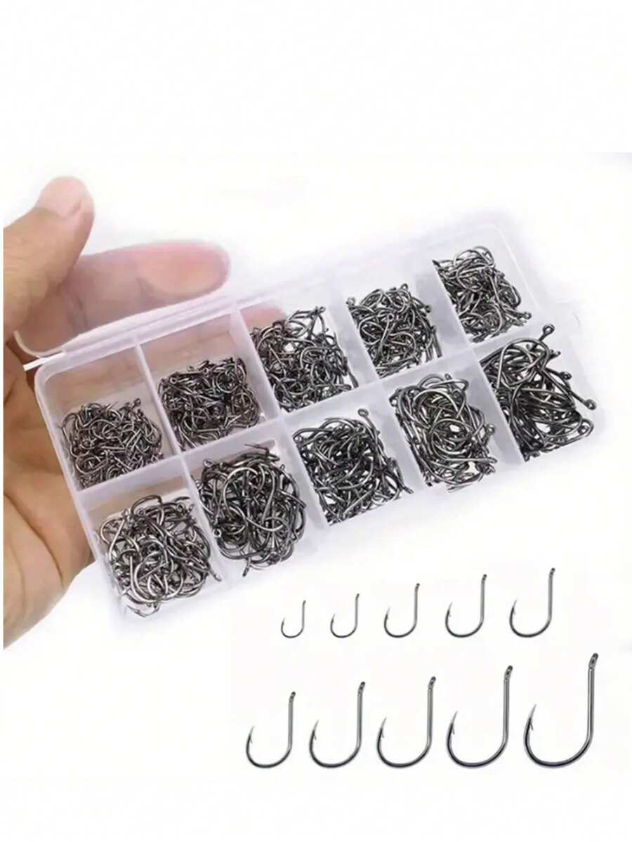 100/200/300/400/500pcs High Carbon Steel Fishing Hooks, Sharp Barbed Single Hooks With Eye, Black - Durable & Reliable For Anglers, Includes Storage Box, Fish Hooks