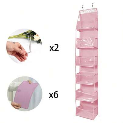 1 túi đựng đồ treo màu hồng, 6 tầng, có ngăn nhựa trong suốt, có thể treo trên cửa, thích hợp để đựng đồ trong phòng trẻ em, đồ chơi búp bê.