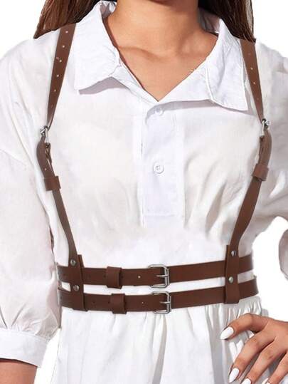 1pc Women Plus Size Brown Faux Leather Sexy Bondage Waist Belt Suspender, Suitable For Daily Wear Or Party
