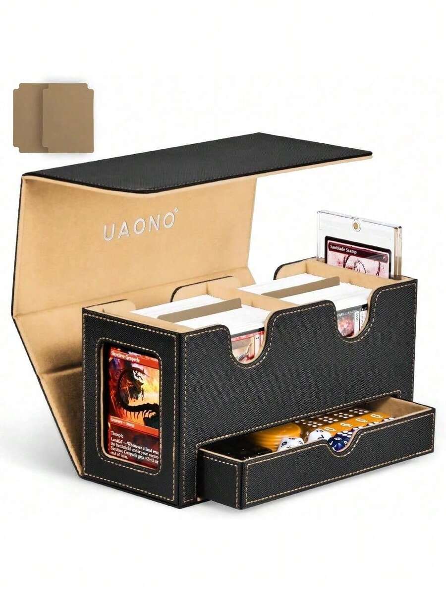 MTG Deck Box With 2 Commander Display And Dice Tray-Patented Design, Double Deck Box For 280+ Single Sleeved Cards, Leather Magnetic Card Storage Box Fits For TCG CCG Magic Cards (Black&Khaki) - 卡其色 - 查看 1