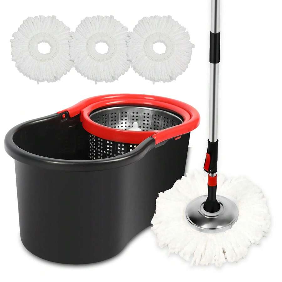 360 Spinning Mop Bucket Floor Cleaning Tool With 3 Microfiber Mop Replacement Head Refills,50" Extended Handle For Floor Cleaning Home - Black and Red - View 1