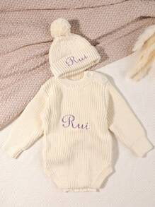 1pc Thick White And Pink Embroidered Name Knit Long Sleeve Sweater & Pompom Decor Beanie Hat, Newborn Baby Gift For Girls And Boys, Autumn/Winter