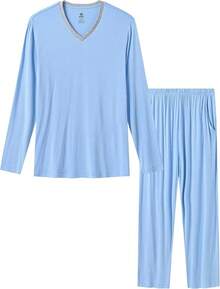 Men's Pajama Sets Sleepwear Nightwear Lightweight Quick Dry Soft 2 Piece Long Sleeve Mens Loungewear Sets With Pockethalloween - A7-sky Blue - View 5