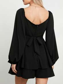 Women Puff Long Sleeve Romper Off Shoulder Ruffle Flowy Short Jumpsuit Layered Pirate Dress With Shorts Playsuit - Black - View 4