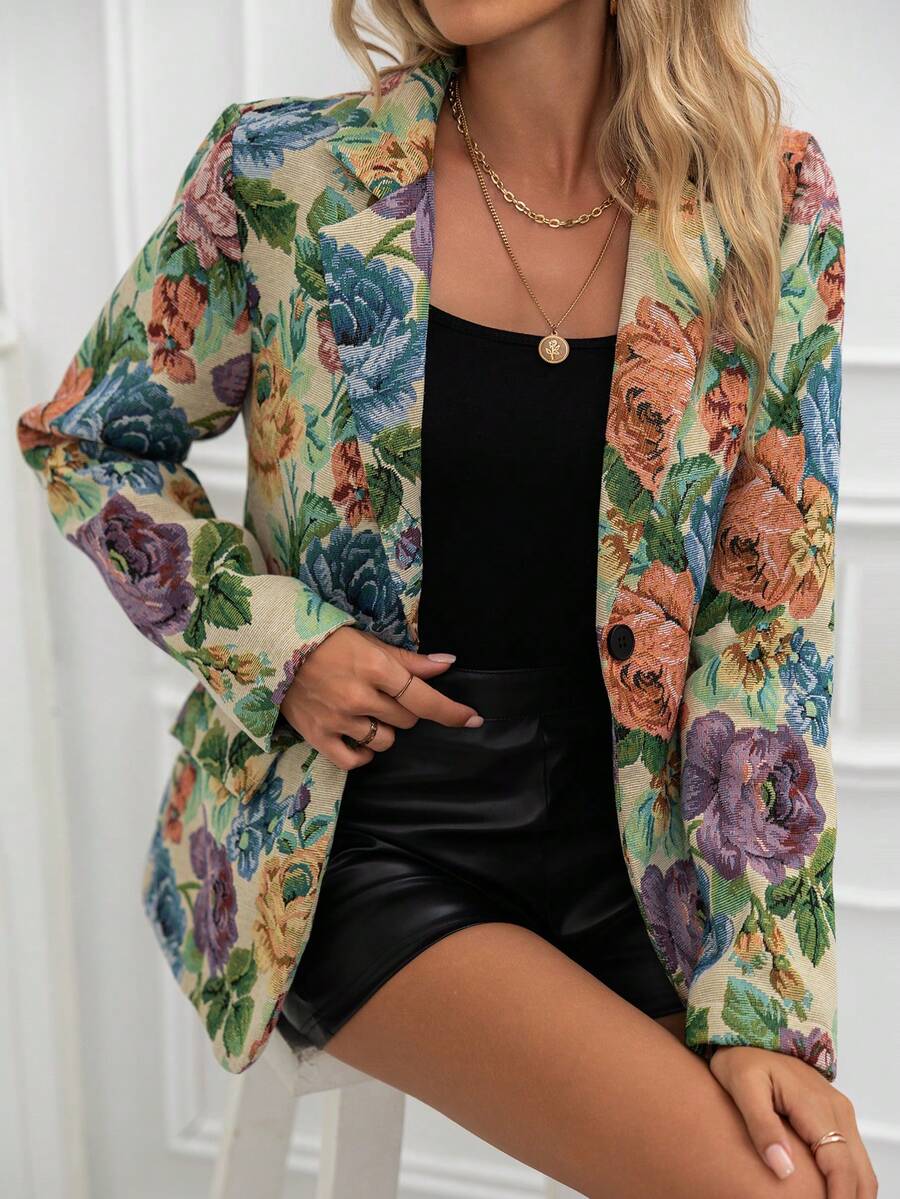 Women's Fashion Floral Print Lapel Single-Breasted Mid-Length Casual Long Sleeve Blazer, Spring/Autumn