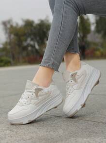 Patines de ruedas para mujer con empalme de color contrastante, zapatos de patinaje de pareja convertibles, desmontables y retráctiles, adecuados para adolescentes y adultos, de cuero de PU con 4 ruedas