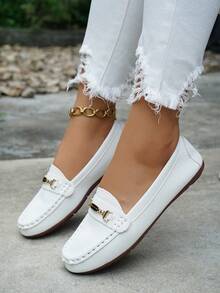 Mocasines de mujer para primavera/otoño, zapatos planos casuales de suela blanda y cómodos de corte bajo - Blanco - Ver 5