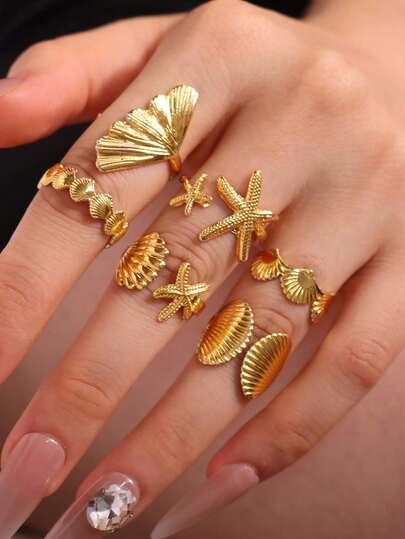 6 Parça/Set Vintage Düz ve Pürüzsüz Yüzükler, Şık Bohem Deniz Yıldızı ve Kabuk Desenli Geometrik Yüzük Seti, Kadınlar İçin Plaj, Tatil ve Parti Giyimine Uygun