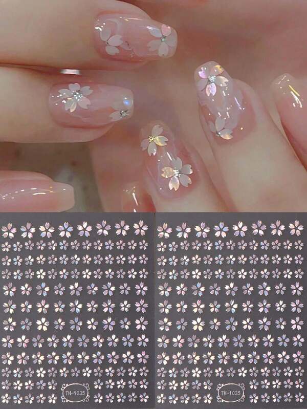 2pcs Laser Pink Sakura Flower Nail Sticker Holographic Cherry Blossom Decals Elegant Japanese Style Wedding Design Self-Adhesive Sliders Manicure Stick It On Your Nails, Apply A Layer Of Clear Nail Polish Or Top Coat On The Surface, And Your Nails Will Look More Beautiful And The Nail Stickers Will Last Longer.