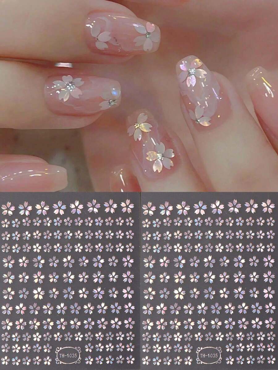 2pcs Laser Pink Sakura Flower Nail Sticker Holographic Cherry Blossom Decals Elegant Japanese Style Wedding Design Self-Adhesive Sliders Manicure Stick It On Your Nails, Apply A Layer Of Clear Nail Polish Or Top Coat On The Surface, And Your Nails Will Look More Beautiful And The Nail Stickers Will Last Longer.