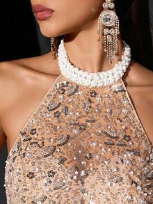 LUVISTRUE 闪亮优雅亮片派对高档晚礼服春夏串珠女式礼服，适合庆典、毕业舞会、晚宴、鸡尾酒会、红毯、生日派对，无袖露背露背拉链修身连衣裙