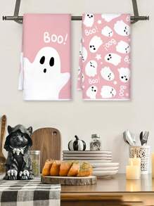 2 piezas Toallas de 15.7" X 23.6" con diseño de bloque de color y patrón de fantasma "BOO", toallas de cocina para festivales, toallas de mano para decoración del hogar, aptas para cocina, baño, limpieza de hornear, decoración de Halloween