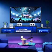 Mueble Flotante para TV 70" con Luces LED, Repisas Flotantes para TV -Ideal Almacenamiento Debajo, con 4 Enchufes y 3 Espacios Abiertos, Sencillo y Ahorra Espacio, Negro - Negro - Ver 5