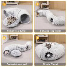 1pc Plush Cat Tunnel With Cat Bed, Foldable Multi-Functional Pet Cat Activity Center Toy - Grey - View 11