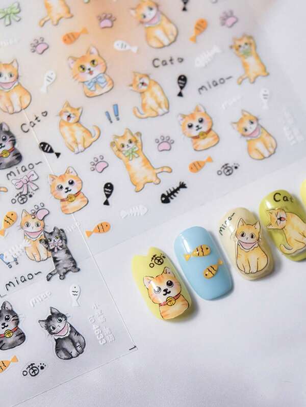 2 piezas de calcomanías lindas con diseños de gatito, pez y huella de pata, brillantes, inodoras, de plástico, para decoración de arte de uñas, manualidades de manicura, adecuadas para uso diario en uñas, fundas de teléfono, diarios, amadas por mujeres y niñas