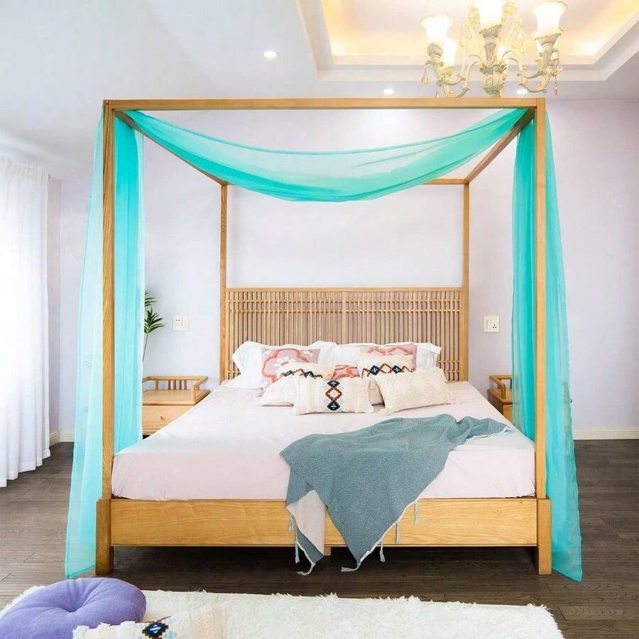 White Canopy Bed Scarf For Queen & Full Bed, Luxury Queen Canopy Bed Curtains, White Canopy Bed Drapes, Four Post Bed Canopy Drapes, Sheer Bed Canopy Scarf 1 PC 52X228 Bed Tulle Canopy - Turquoise - View 1
