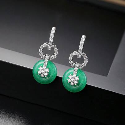 SEQUITO 2 Pcs Chinese Style Women Green Stone Inlay White AAAAA Zirconia Pendant Hoop Drop Earrings Banquet Clothes Silvery Jewlery