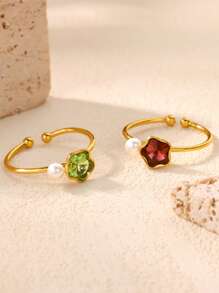 Anillos de acero inoxidable con pequeñas mariposas azules y flores, anillo de color dorado impermeable para mujeres, joyería de perlas falsas para boda, accesorios para vacaciones, regalo para mamá/mejores amigas/hija