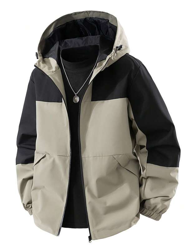 Men's Casual Hooded Sports Jacket With Pockets - Lightweight Windbreaker, Regular Fit, Machine Washable, Polyester Fabric With Color Blocking