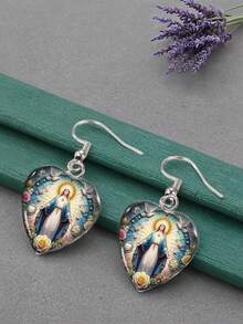 1 对圣母玛利亚印花玻璃和不锈钢耳坠，耶稣圣母心形女款 - 彩色 - 查看 3