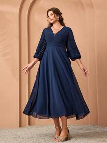 Mgiacy Deep V Neck Sunray Pleat Chiffon Maxi Dress Wedding Spring Party - Royal Blue - View 3