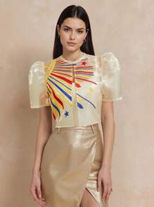 Amyenjoylife Modern Filipiniana Summer Fashion Temperament Printed Bubble Sleeve Short Sleeved Cardigan Top Bolero Filipiniana For Women