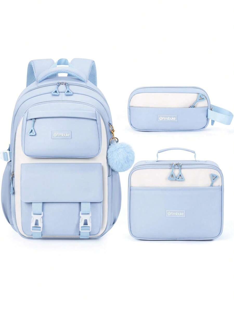 School Backpack For Girls - 3PCS Cute Girls Backpack With Lunch Box & Pen Case For Teens Women College, Middle & High School Bookbag Daypack, Back To School Essentials - Màu xanh lam - Xem 1