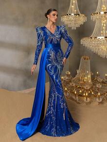 Faeriesty Elegant V-Neck Long-Sleeve Mermaid Evening Gown With Satin Overskirt & Metallic Floral Embroidery - Perfect For Black-Tie Galas, Formal Red Carpet Events, Luxury Award Ceremonies, Charity Fundraisers, Upscale Weddings - 寶藍色 - 查看 7