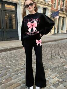 2 Stücke Teenager Mädchen Weich Süß Slogan Schleifen Muster Langarm Hoodie Set, Teenager Mode für Camping Ausflug, Sommer-Herbst