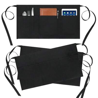 Pacote com 3 aventais de garçonete, com 3 bolsos, à prova d'água e resistente a manchas, cintura curta, para garçonetes femininas, cor preta