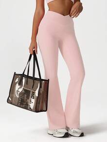 Sodalemon Women Solid Color Cross Waist Casual Outdoor Training Fitness Gym Side Pockets Yoga Sport Flare Pants - Baby Pink - View 6