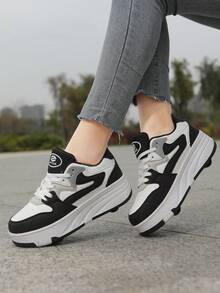 Women's Roller Skates With Contrast Color Splicing, Convertible Couple Inline Skates, Detachable & Retractable, Suitable For Teenagers And Adults, 4-Wheel PU Leather Roller Shoes - Black and White - View 3