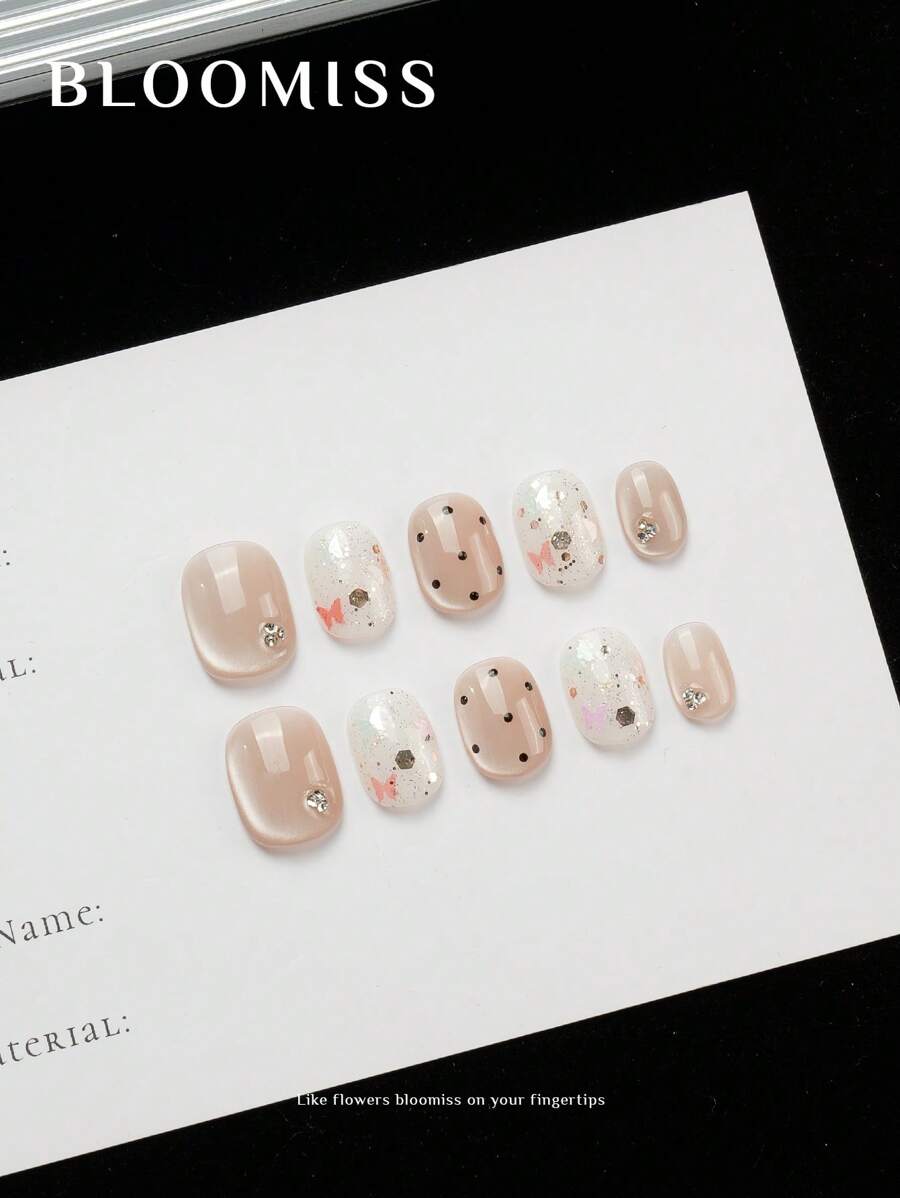 10 Pieces Of Handcrafted Press On Nails Short , Polka Dot Style , Summer Nails, Reusable Fake Nails Nail Supplies Nails