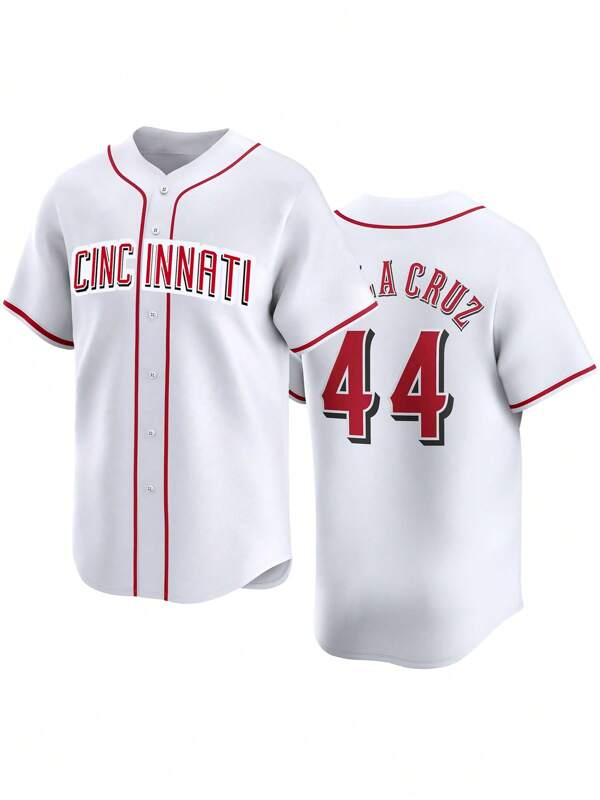 Men's 44 White Baseball Jersey Casual Short Sleeved Embroidered And Stitching V-Neck Button T-Shirt Party Sports Top