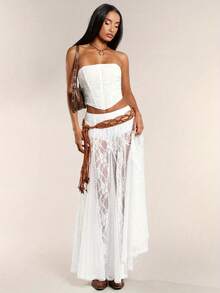Women's Summer A-Line Skirt High Waist Long Lace Patchwork Skirt For Travel, Beach, Shopping - 白色 - 查看 1